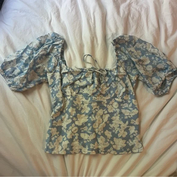 Abercrombie Blue and White Floral Linen Puff Sleeve Corset Blouse size Medium - Picture 4 of 12